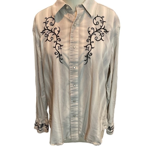 Wrangler Striped Pearl Snap Embroidered Western Shirt Size Large Cowgirl - Picture 1 of 10